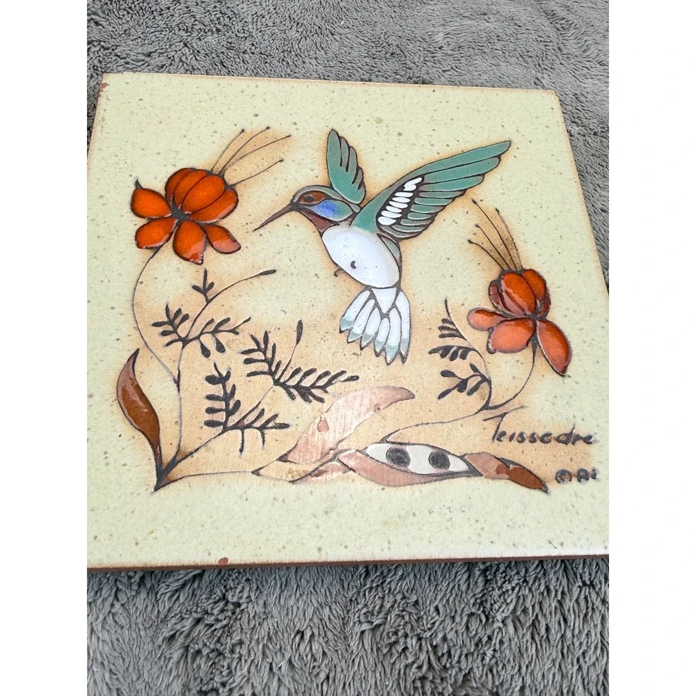 Cleo Teissedre Hand Painted Ceramic Tiles Set 2 Hummingbird Pottery Southwestern
